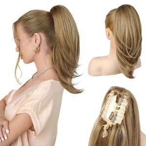 16" Claw Clip Ponytail •‎ Honey Blonde Highlighted • Synthetic High Pony